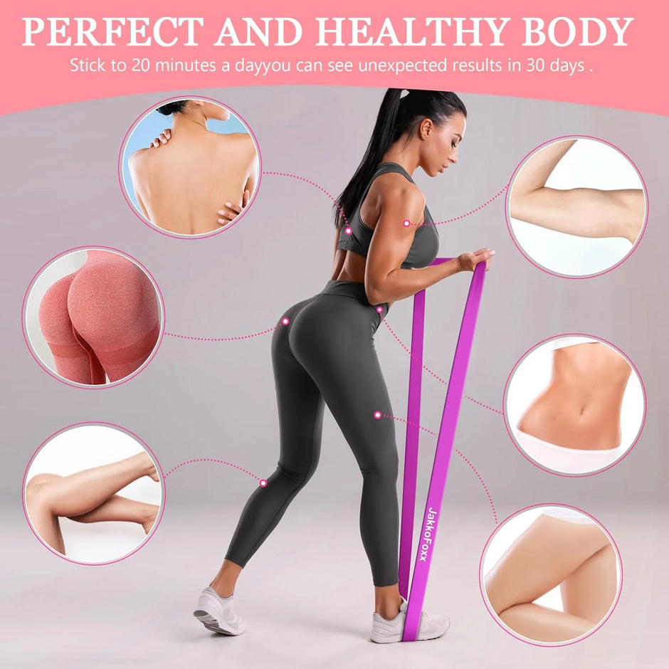 Woman using a resistance band with insets showing before-and-after effects on skin texture.