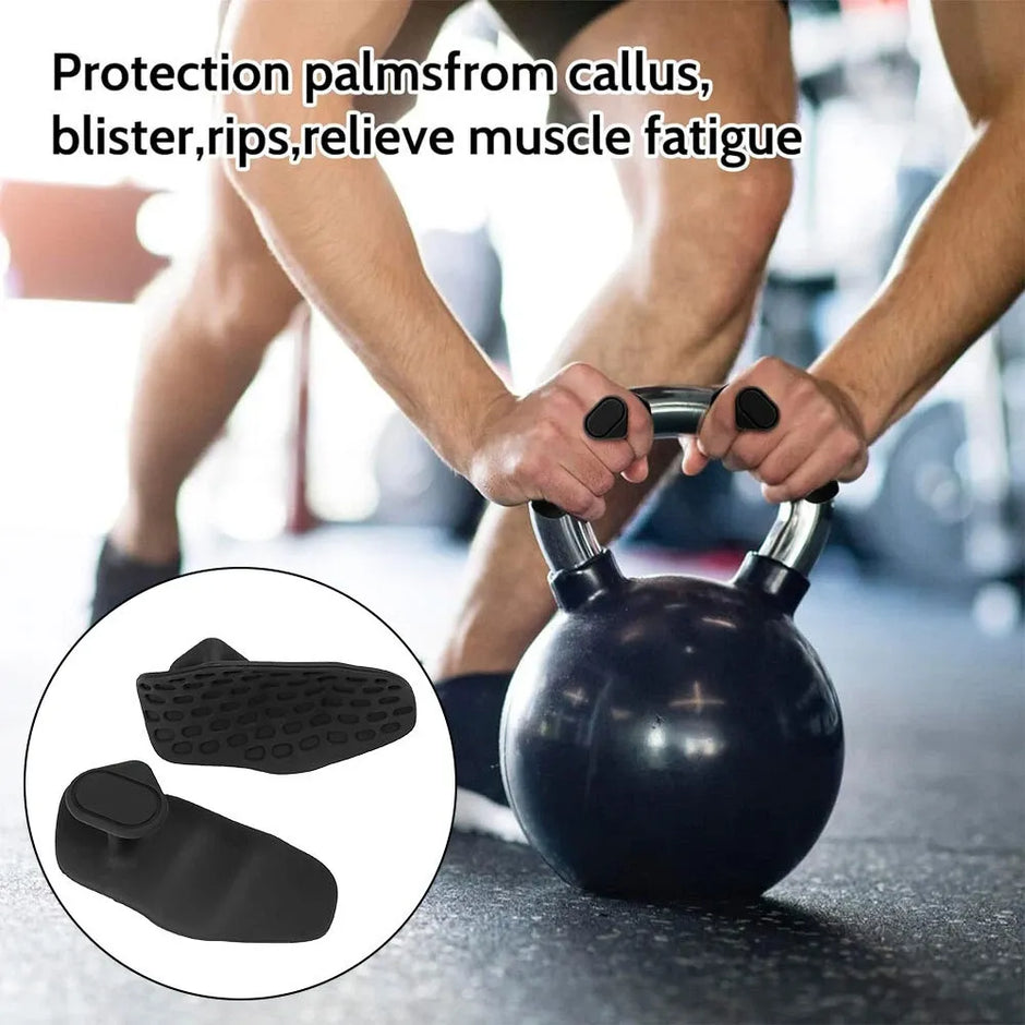 Person lifting a kettlebell with hand protection pads, showing text about protection from calluses and muscle fatigue.