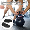Person lifting a kettlebell with hand protection pads, showing text about protection from calluses and muscle fatigue.