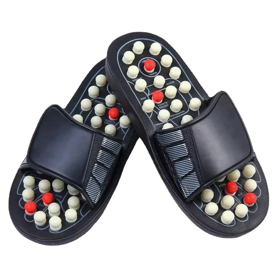 Pair of black massage sandals with acupressure nodes on a white background