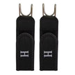 Two black strap ends with metal hooks on a white background