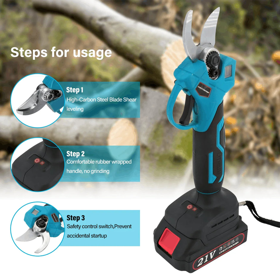 Electric pruning shear with usage steps displayed on a natural background