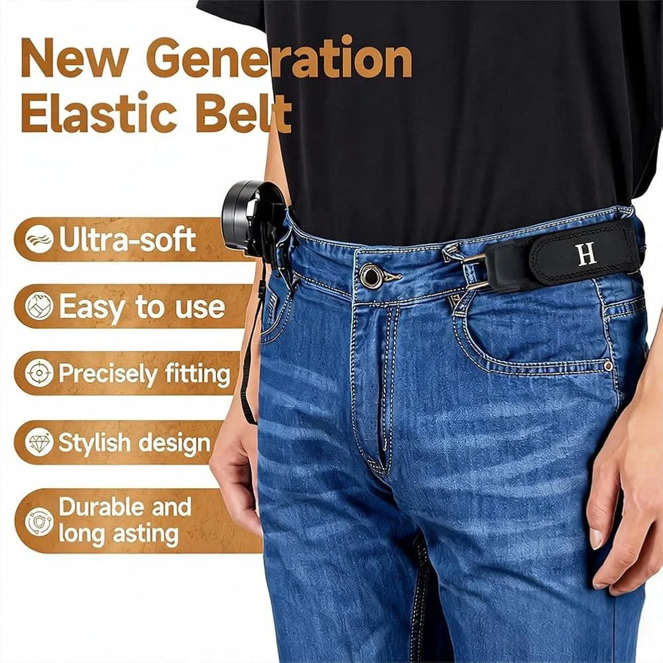 Person wearing a black belt with text about a new generation elastic belt.