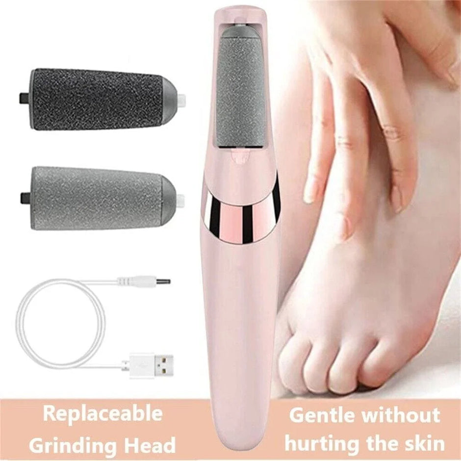 Foot care device with replaceable grinding head and USB cable, used on a foot.