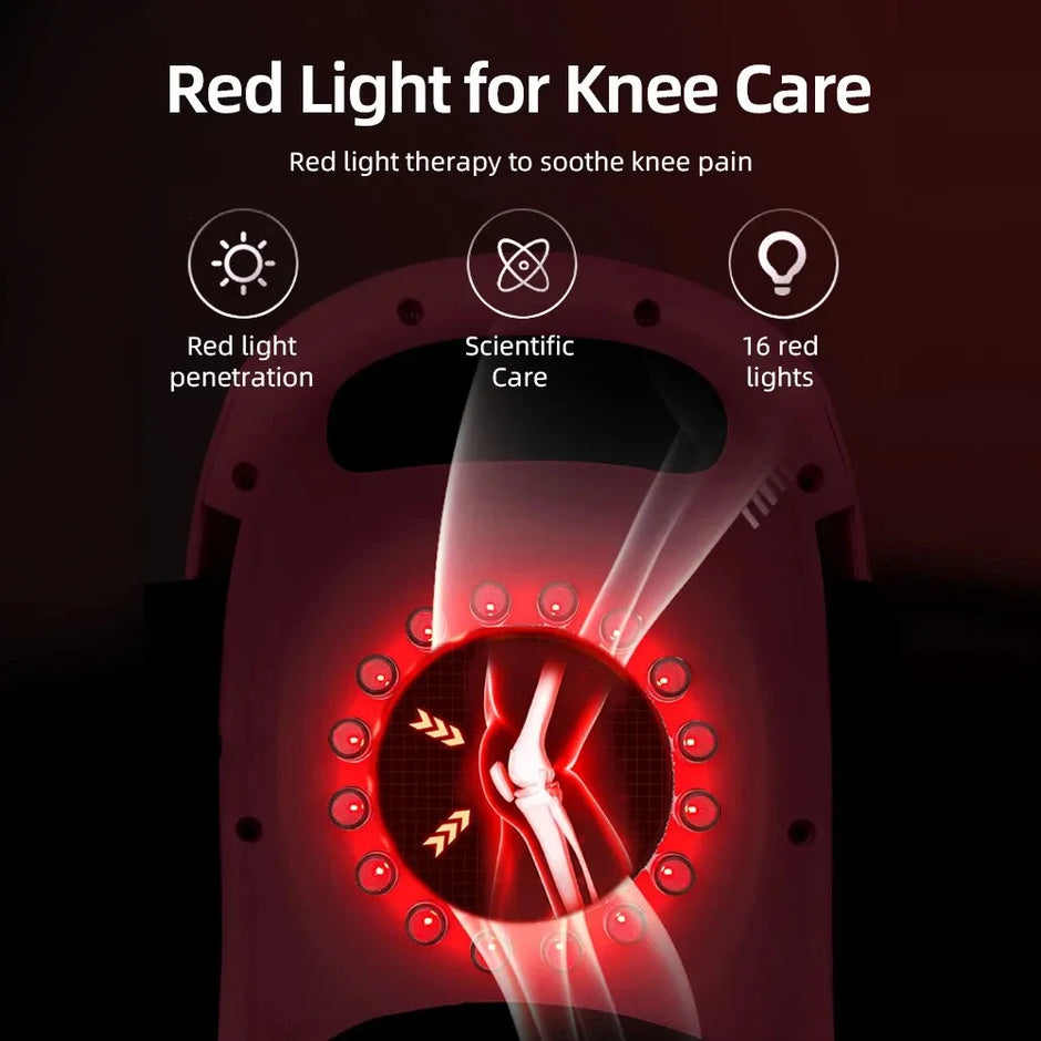 Red light therapy device for knee care with features highlighted on a dark background