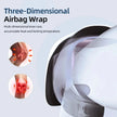 Three-dimensional airbag wrap for knee care with text and illustrations on a light gray background