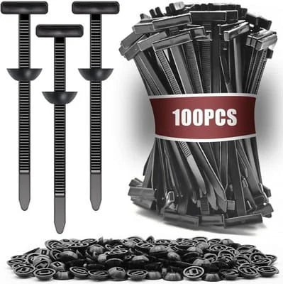Packaging of 100pcs black plastic nails with a close-up of individual nails on a white background.