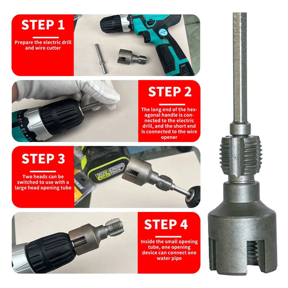 Step-by-step guide on using an electric drill and wire cutter with text labels.