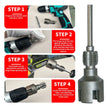 Step-by-step guide on using an electric drill and wire cutter with text labels.