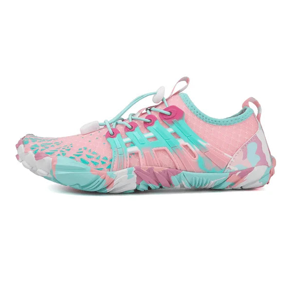 Pink and teal water shoe on a white background