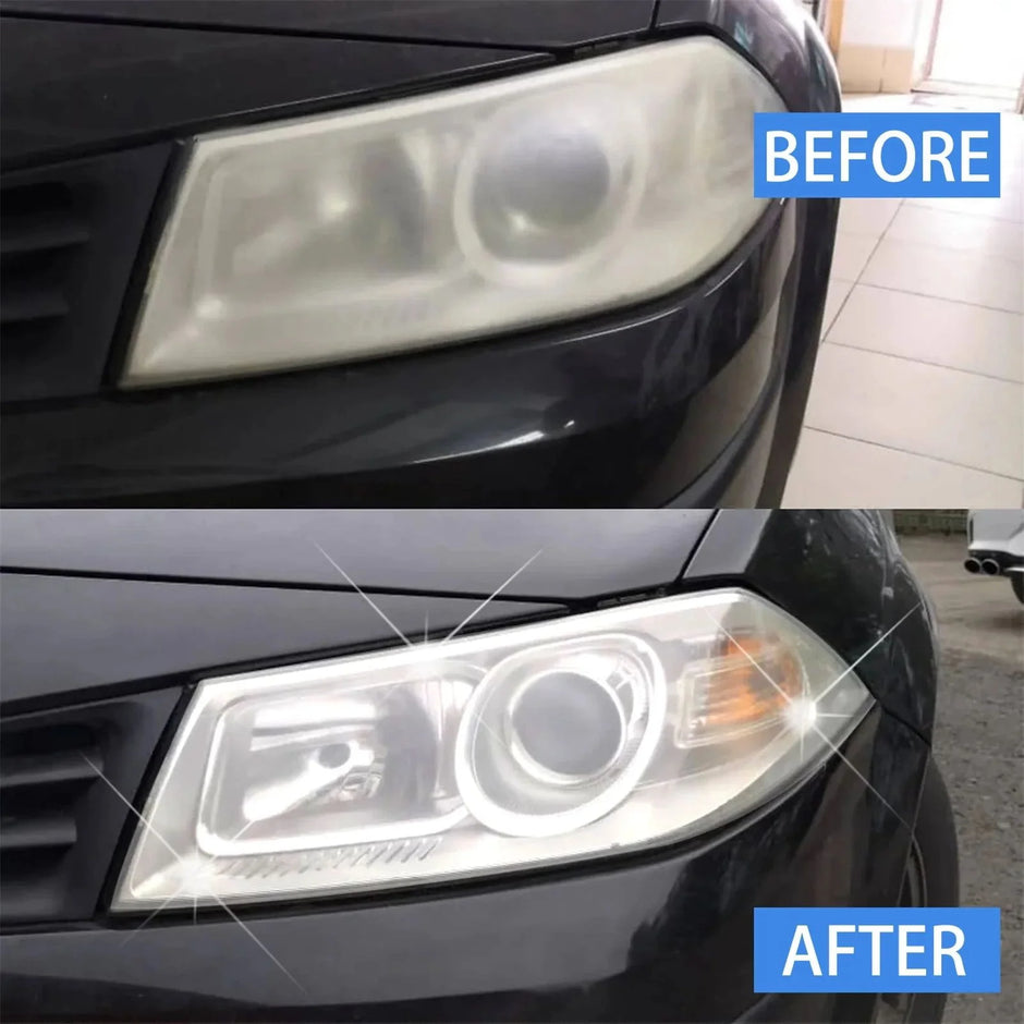 Before and after comparison of a car headlight restoration process.
