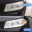 Before and after comparison of a car headlight restoration process.