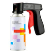 Spray paint can with colorful design and red and black spray gun on a white background