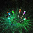 Colorful solar-powered garden lights on grass at night