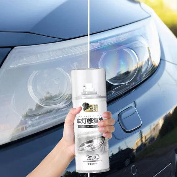 Person holding a car headlight cleaning spray can in front of a car headlight.